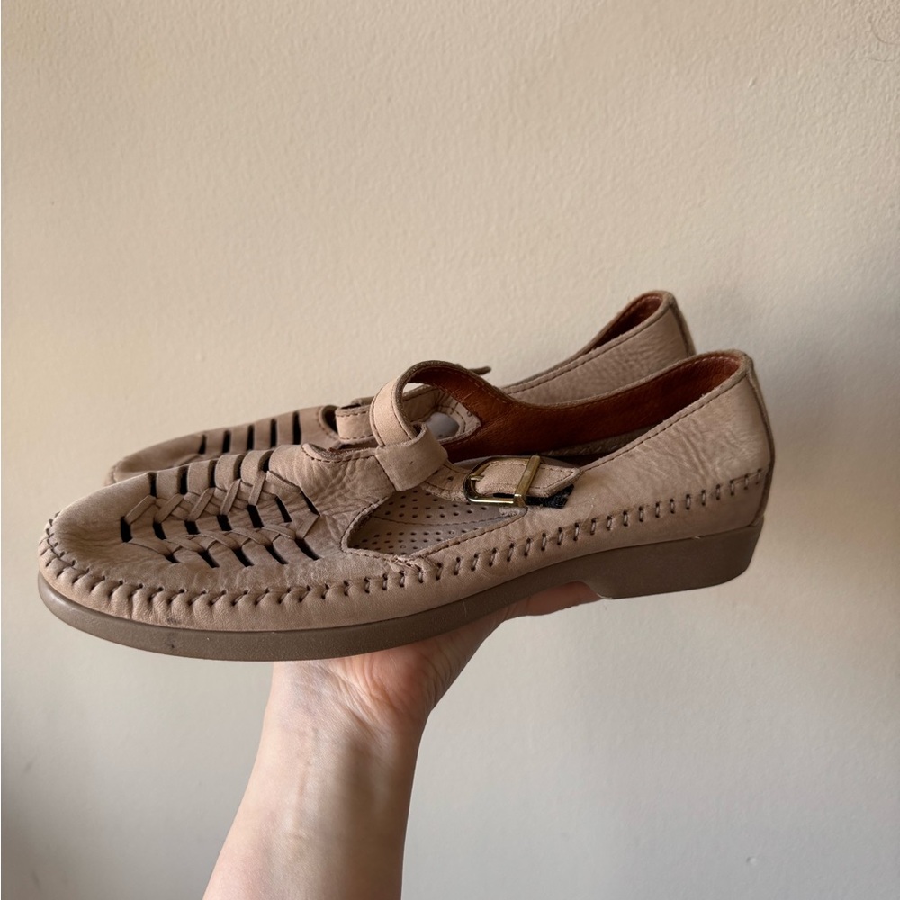 Beige Woven Leather Mary Jane Loafers